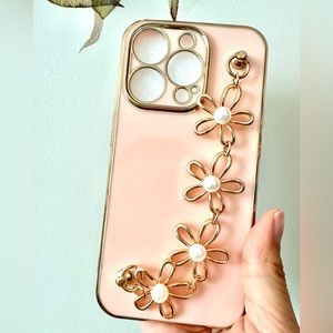 Bling 3D Pearl Flower Chain Gold Plating Phone Case For iphone 14 Pro